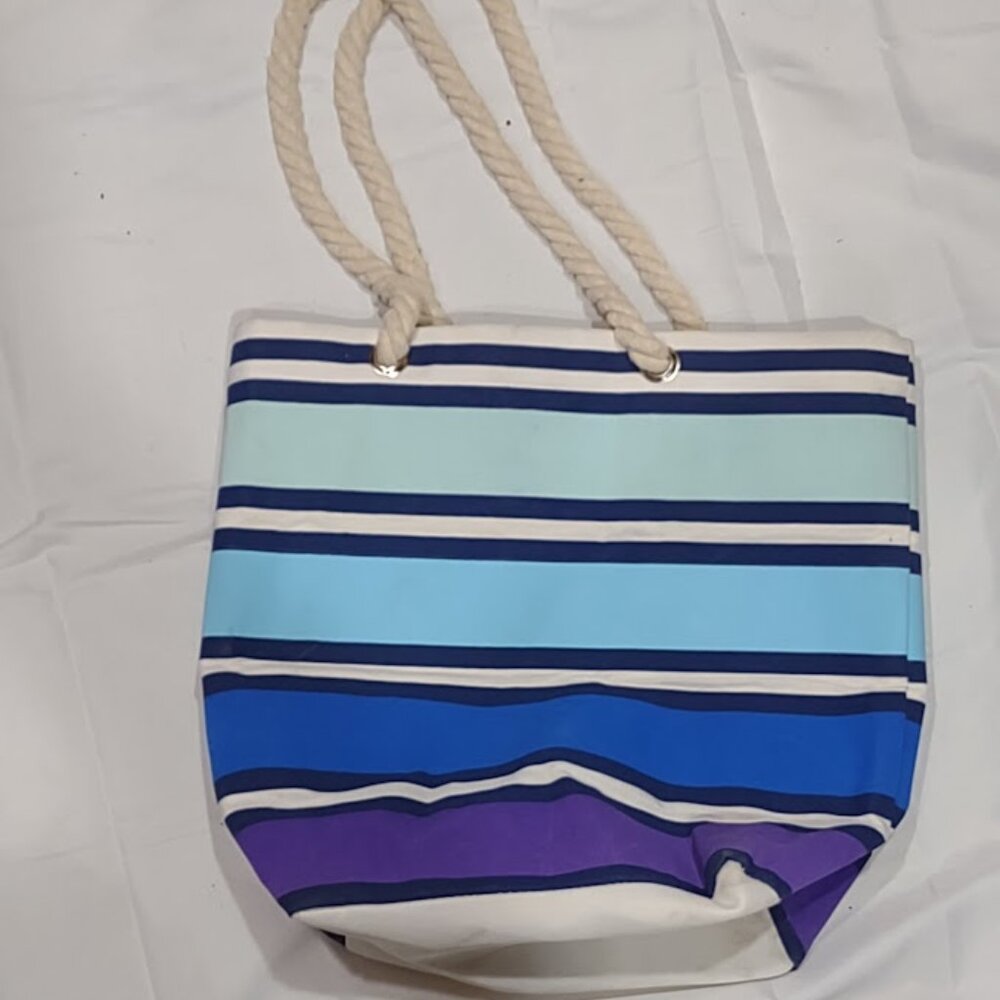 CANVAS TOTE  WITH SOFT ROPE HANDLES PURPLE AND BLUE STRIPES HEAVY DUTY LINED